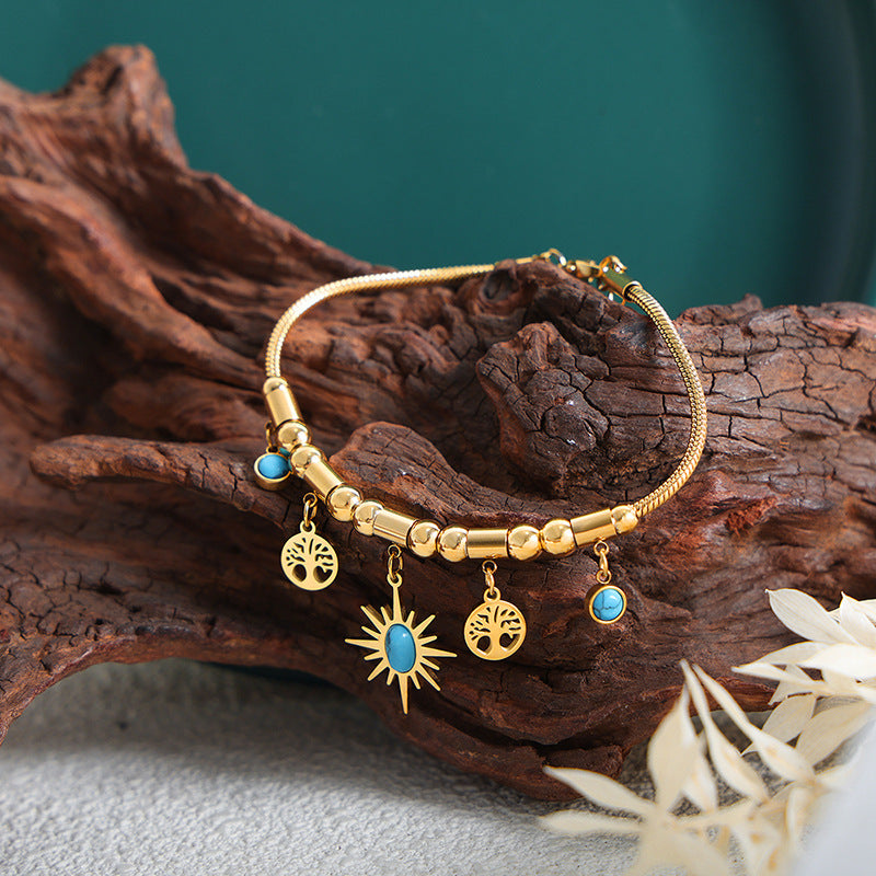 Sunburst Turquoise Charm Set — Gold‑Tone Necklace & Adjustable Bracelet with Tree‑of‑Life Accents