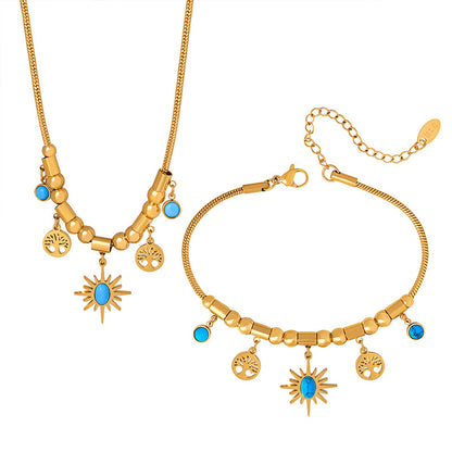 Sunburst Turquoise Charm Set — Gold‑Tone Necklace & Adjustable Bracelet with Tree‑of‑Life Accents