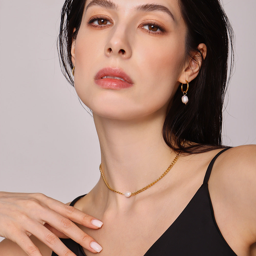 Dual-Charm Pearl & Stone Pendant Layering Set — 2 Gold-Tone Stainless Steel Necklaces + Freshwater Pearl Hoop Earrings