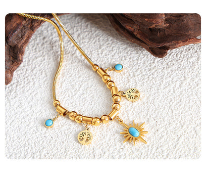 Sunburst Turquoise Charm Set — Gold‑Tone Necklace & Adjustable Bracelet with Tree‑of‑Life Accents