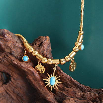 Sunburst Turquoise Charm Set — Gold‑Tone Necklace & Adjustable Bracelet with Tree‑of‑Life Accents