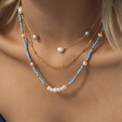 Azure Turquoise & Freshwater Pearl Beaded Set — French-Inspired Light Luxury Necklace and Adjustable Bracelet, Handmade