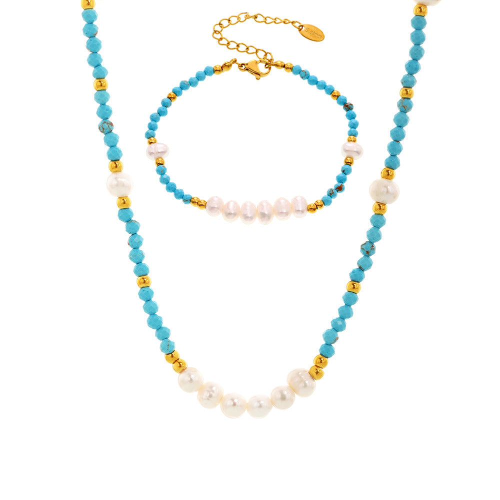 Azure Turquoise & Freshwater Pearl Beaded Set — French-Inspired Light Luxury Necklace and Adjustable Bracelet, Handmade
