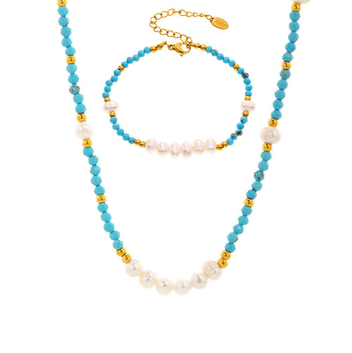 Azure Turquoise & Freshwater Pearl Beaded Set — French-Inspired Light Luxury Necklace and Adjustable Bracelet, Handmade