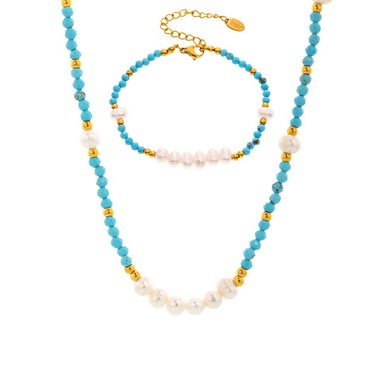 Azure Turquoise & Freshwater Pearl Beaded Set — French-Inspired Light Luxury Necklace and Adjustable Bracelet, Handmade