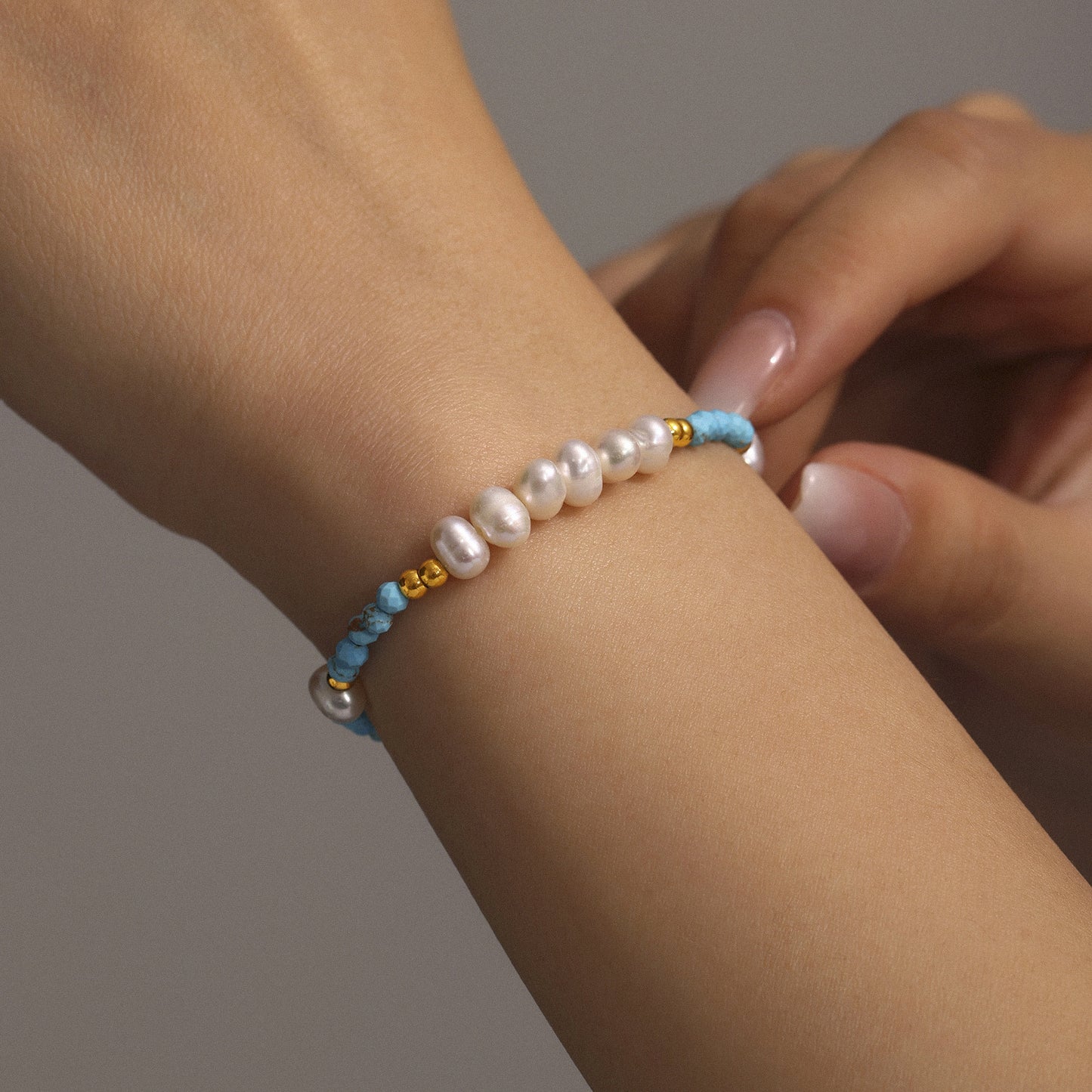 Azure Turquoise & Freshwater Pearl Beaded Set — French-Inspired Light Luxury Necklace and Adjustable Bracelet, Handmade