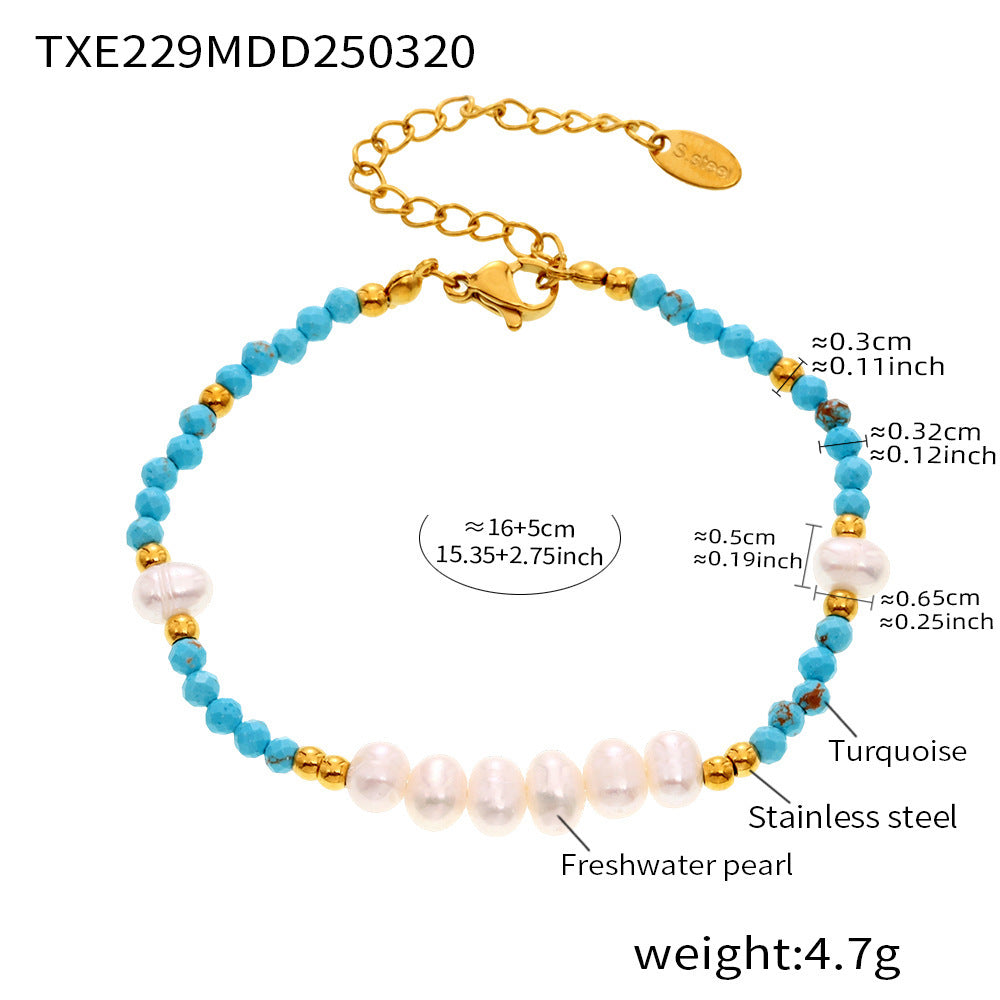 Azure Turquoise & Freshwater Pearl Beaded Set — French-Inspired Light Luxury Necklace and Adjustable Bracelet, Handmade