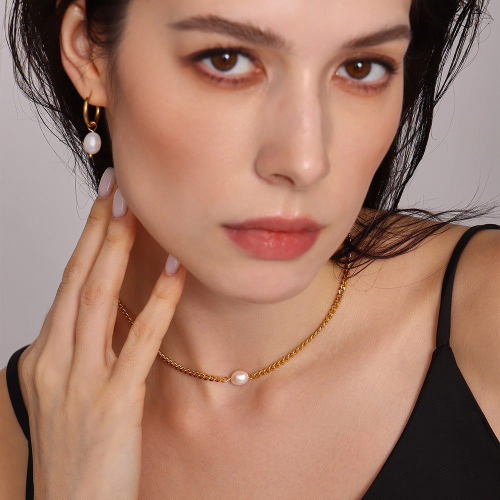Dual-Charm Pearl & Stone Pendant Layering Set — 2 Gold-Tone Stainless Steel Necklaces + Freshwater Pearl Hoop Earrings