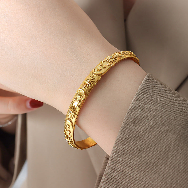 Celestial Bloom Engraved Bangle & Hoop Earrings — Gold or Silver Plated