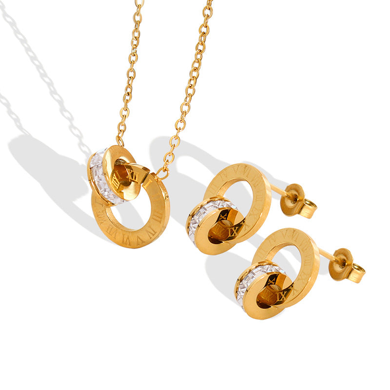 Eternal Roman Numeral Interlocking Circles Necklace & Earrings Set