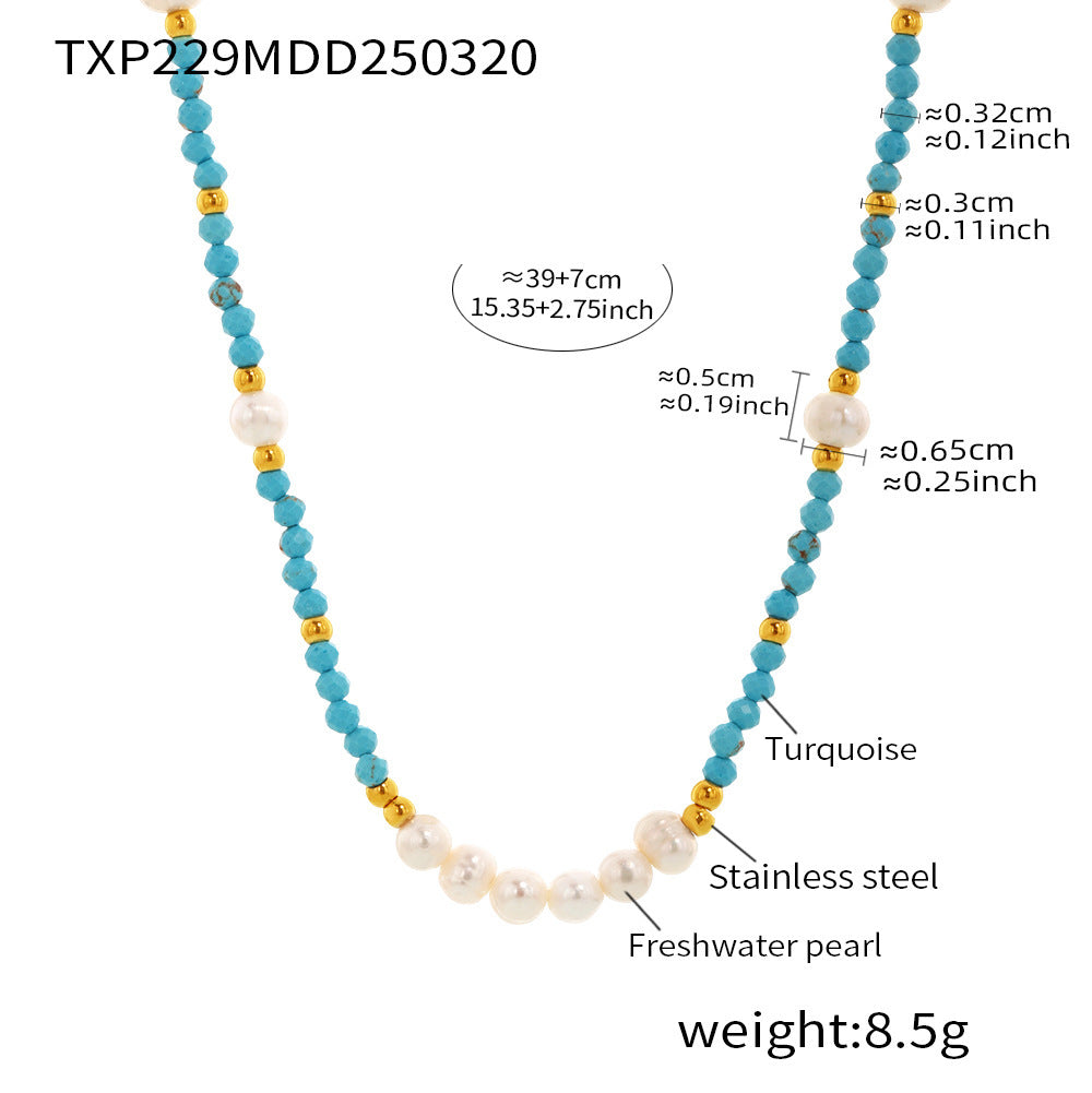 Azure Turquoise & Freshwater Pearl Beaded Set — French-Inspired Light Luxury Necklace and Adjustable Bracelet, Handmade