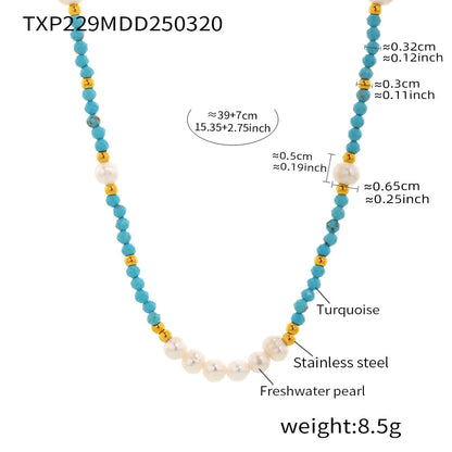 Azure Turquoise & Freshwater Pearl Beaded Set — French-Inspired Light Luxury Necklace and Adjustable Bracelet, Handmade