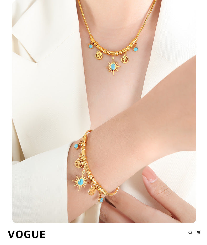 Sunburst Turquoise Charm Set — Gold‑Tone Necklace & Adjustable Bracelet with Tree‑of‑Life Accents
