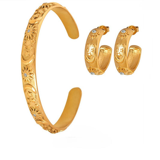 Celestial Bloom Engraved Bangle & Hoop Earrings — Gold or Silver Plated